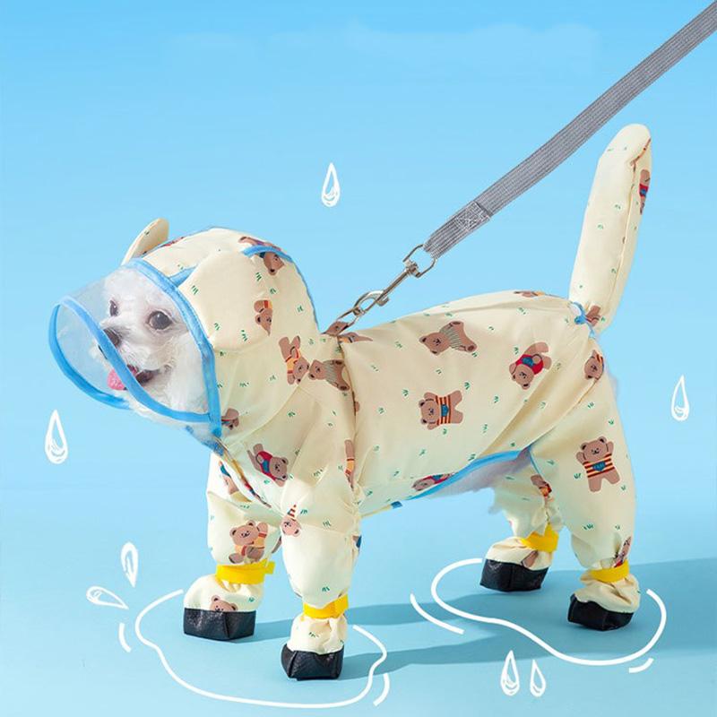 Puppy Waterproof Clothes Full Print Bear Pet Raincoat Four Legs All Inclusive Towing Poncho Teddy Outdoor Clothes