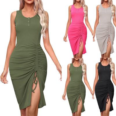 Women's Casual Solid Color Drawstring Button Vest Dress With Wrapped Buttocks Wrapped Buttocks