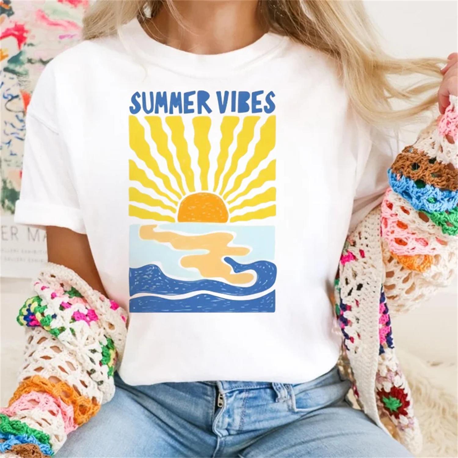 Women s Printed T-Shirt Watercolor Summer Pattern Short Sleeve Casual Women s Clothing Seaside Vacation Fashion Printed Top S