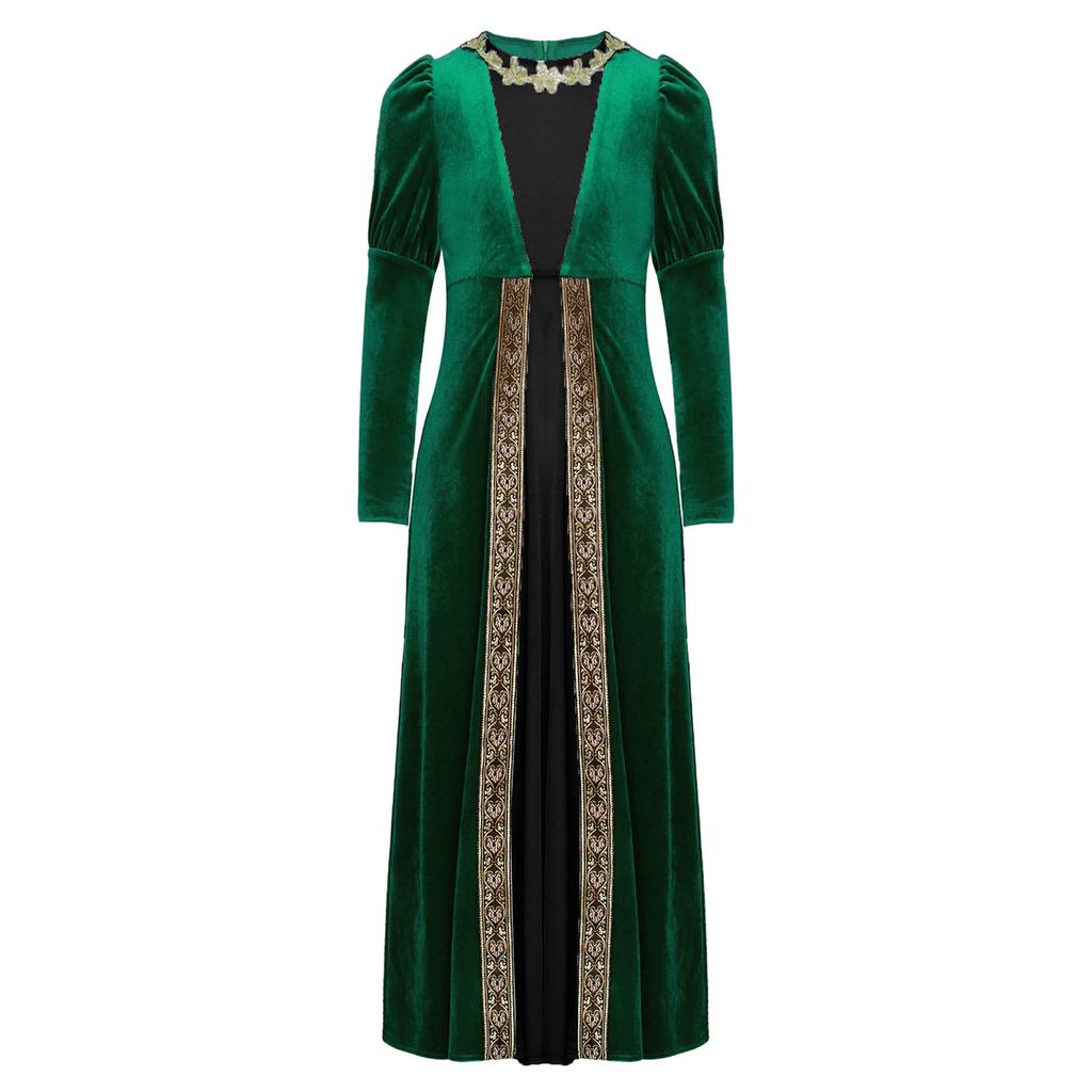 Mädchen Renaissance Prinzessinnenkleid Samt Langarm Goldene Blumenflicken Mittelalter Retro Partykostüm