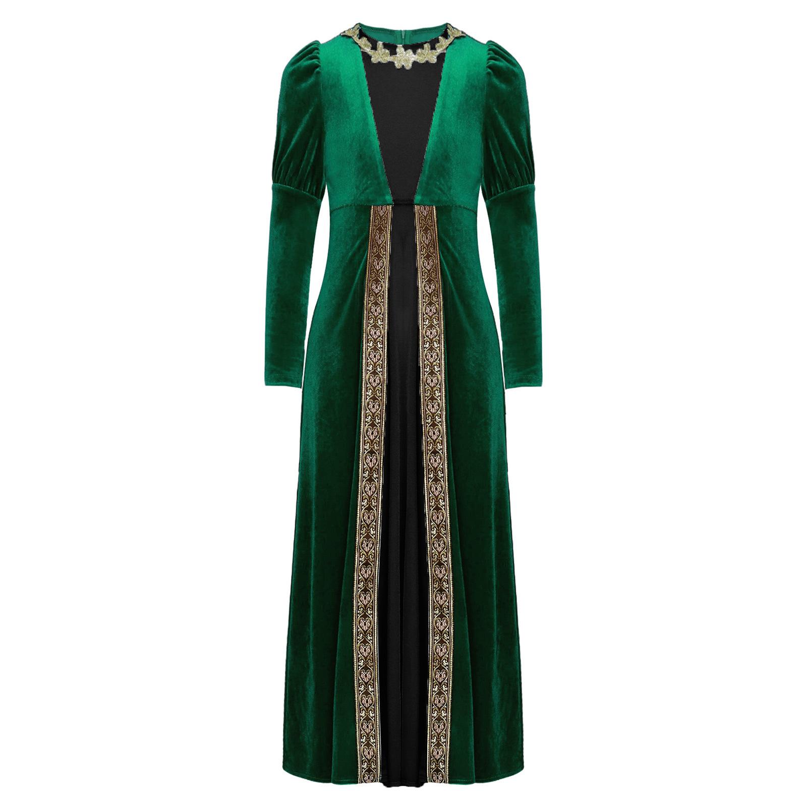 

Дівчаче плаття принцеси епохи Відродження Середньовічний оксамитовий костюм З довгим рукавом Золота квіткова клаптикова робота Ретро римська сукня 5-6 Years зелений