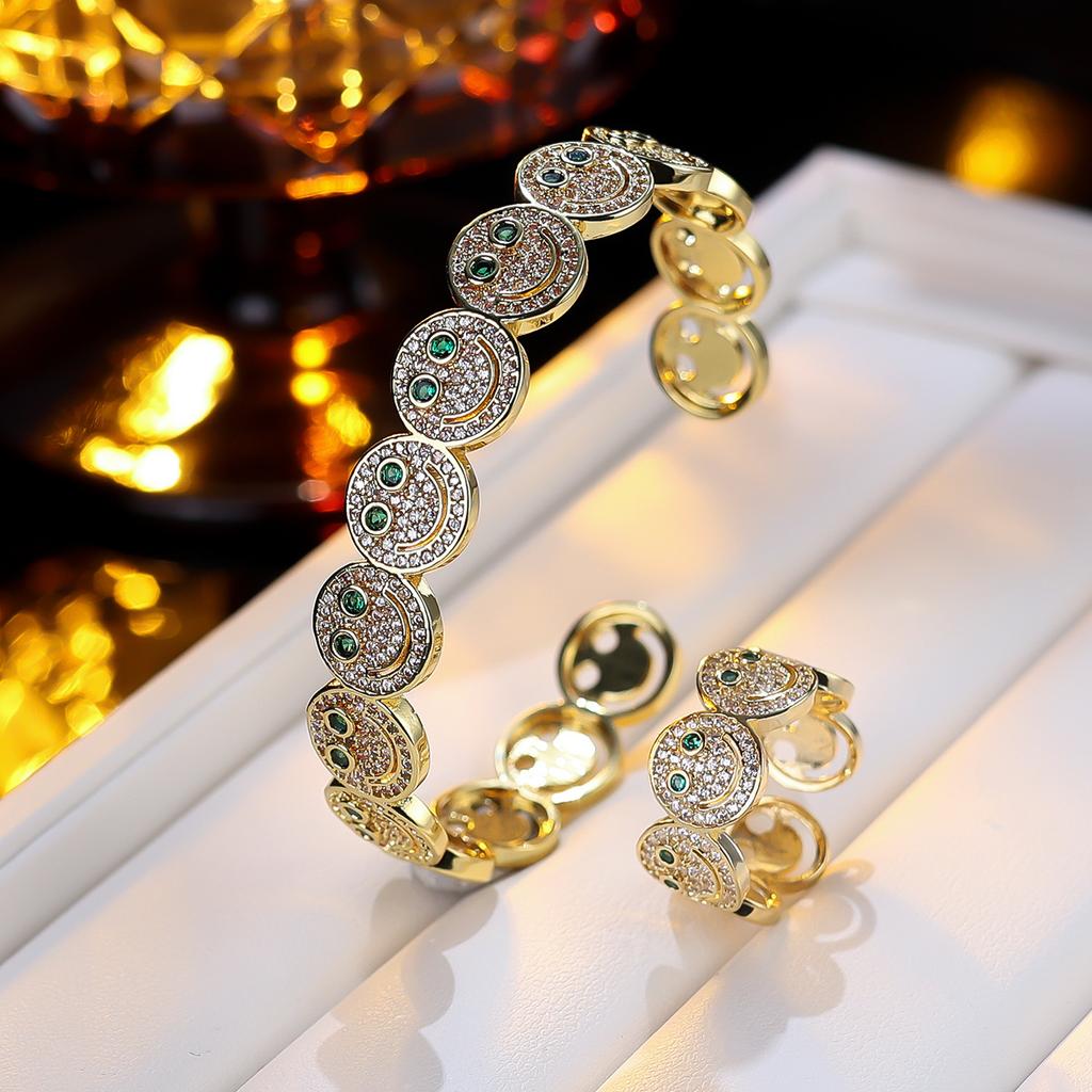 Women Smile Face Bracelet Ring Set Fashion Minimalist Zircon Jewelry Perfect For Party Gathering Wear