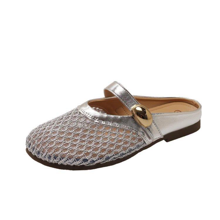 Silver flat bottom hollow bag head half slippers women's outer wear 2025 spring and summer with skirt breathable versatile cool slippers
