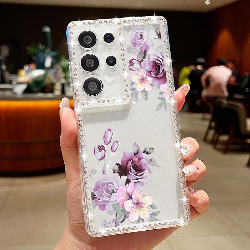 Husă Transparentă cu Cadru Diamant pentru Samsung S25 Edge S24 FE S23 Ultra S22 A56 A36 A16 A15 A55 A35 Model Floral Silicon Moale Antișoc Husă Bumper