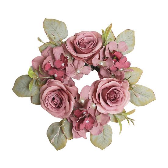 Artificial Rose Wreath Candle Ring Realistic Mini Faux Rose Garland with Plastic Base Candle Wine Decoration Weddings Party Dining Table Centerpiece