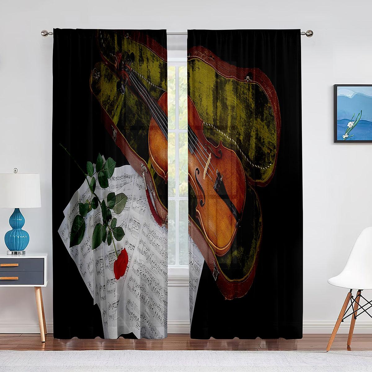 

Винтажные деревянные прозрачные вуали со скрипкой, шторы для гостиной, спальни, шифоновые тюлевые шторы, кухонные оконные шторы, занавески 1 PCS W100XH250cm&Grommet Top