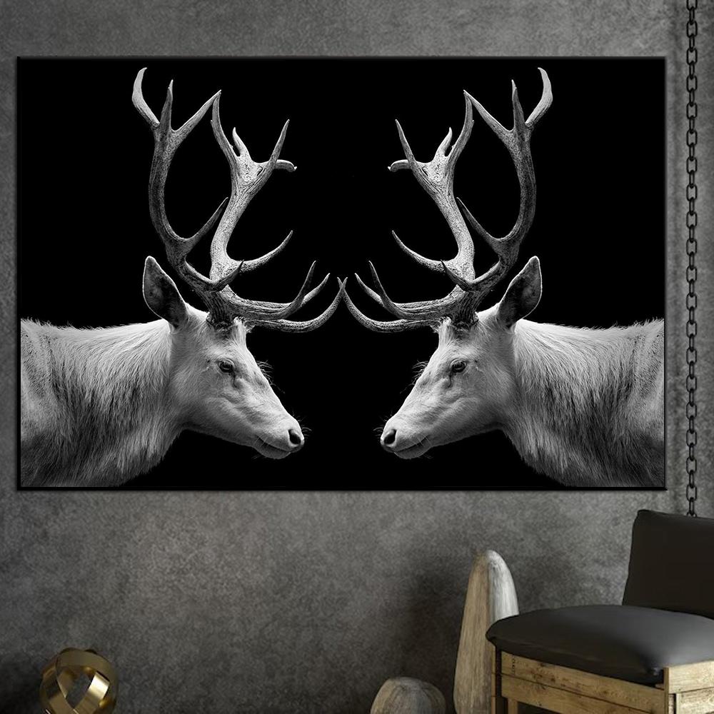 Schwarzes Hirsch Gemälde Druck Leinwand Poster Modern Minimalistisch Wandkunst Tierporträt Dunkle Bilder für Wohnzimmer Heim Wanddeko