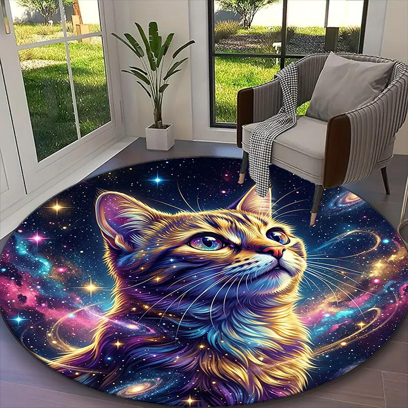 1pc Cosmic Cat Carpet for Room Floor Mat, Comfortable Office Chair Printed Round Rug, Beautiful Hotel Rug