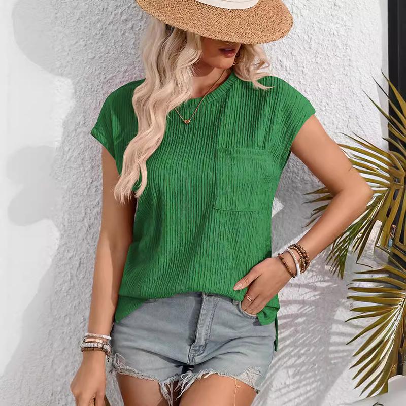 Ladies Summer Short Sleeve O Neck Solid Color Single Pocket Breathable Pullover T Shirt Top