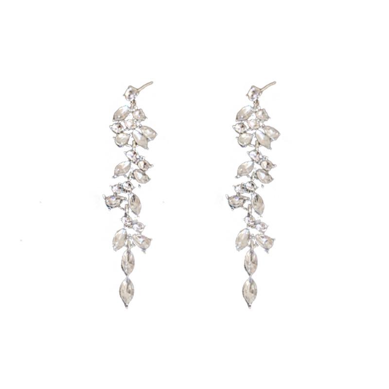 Silver Needle Rhinestone Leaf Tassel Stud Earrings for Women - Elegant, Fashionable, Niche Design Jewelry with a Luxurious Feel