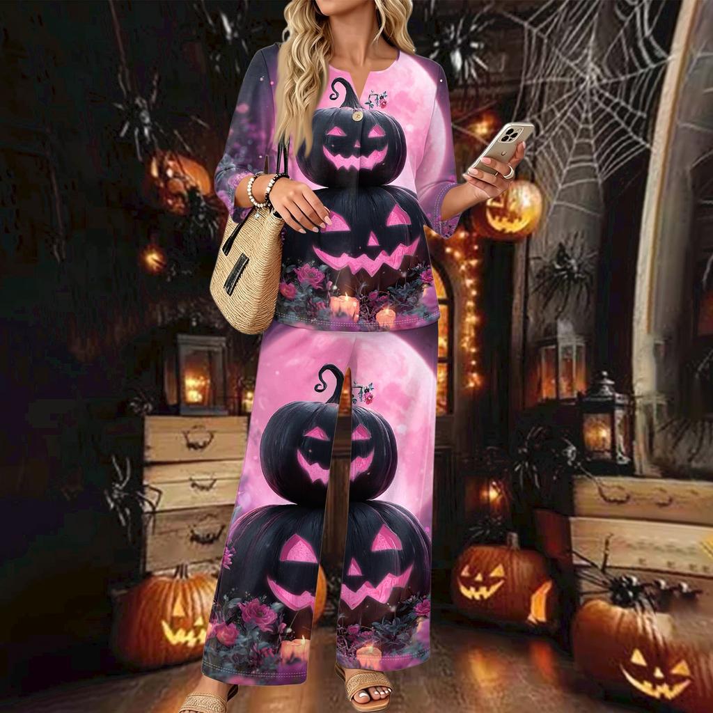 Women's Casual Printed 3/4 Sleeve Button Down Top and Wide Leg Pants 2 Piece Set