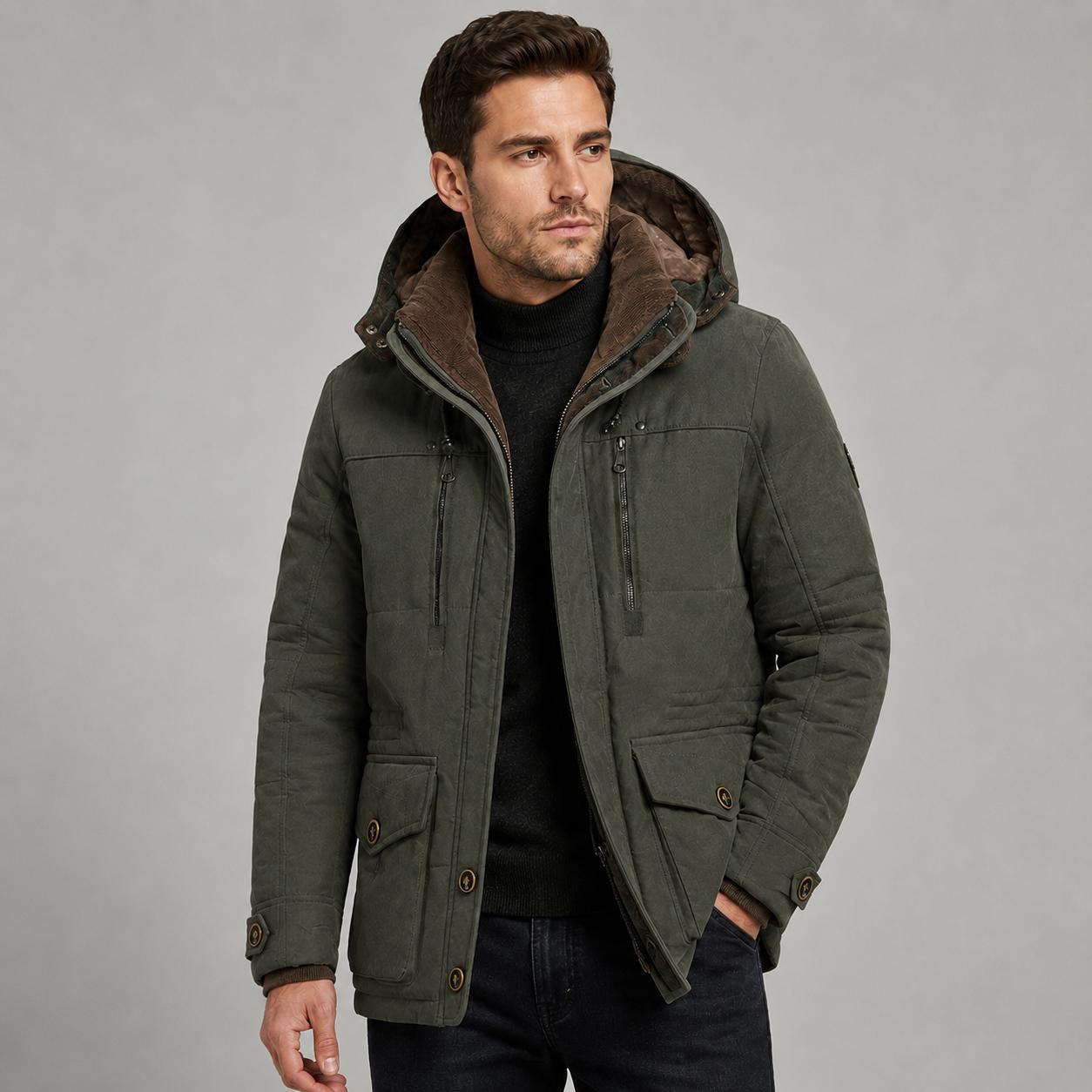 Warm men`s insulated parka jacket for