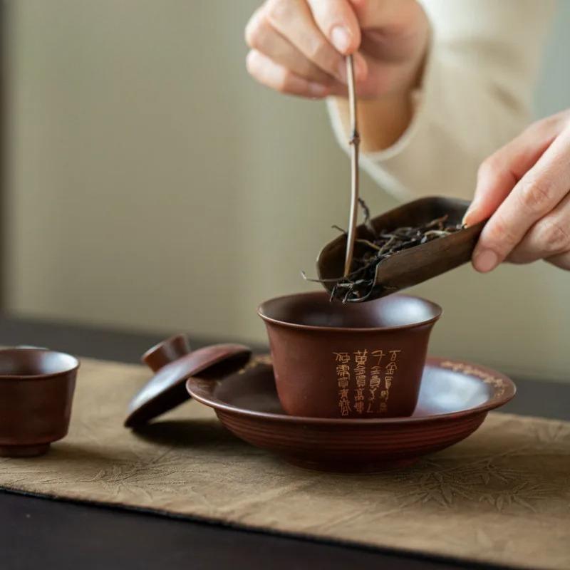 Wabi Sabi Style Hammer Patterned Ancient Pottery Gaiwan Antique Tea Tureen Tea Bowl With Lid Kit Tea Brewing Cover Bowl Cafes