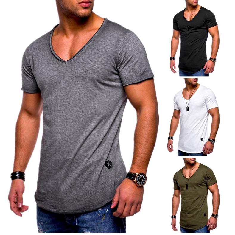 Buy Men Fashion Solid Color V-neck Short Sleece Slim Fit T-shirt Tee ...