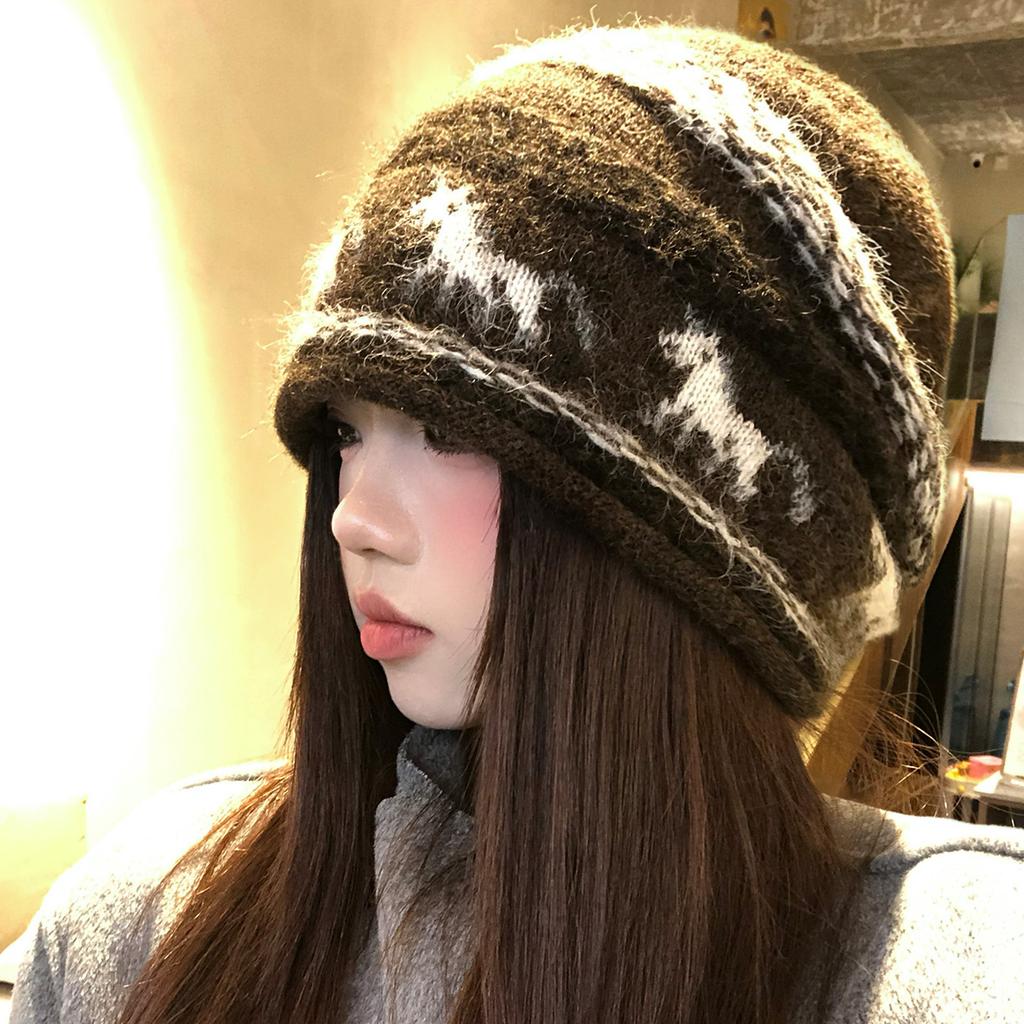 Vintage Jacquard Knitted Stacking Hat Women's Winter Brown Curled Warm Fashion Baotou Hat Ear Protector Cold Hat