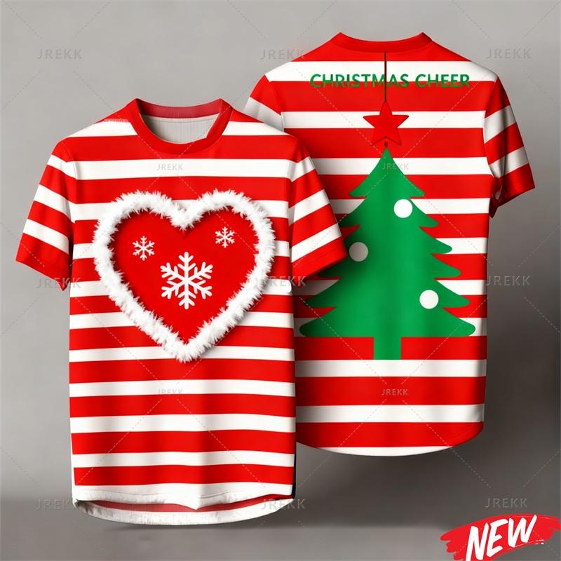Red Stripes Cartoon Christmas Tshirt Men Women 3d Printing Merry Christmas Tee Shirts Tops 2026 New Year Short Sleeve T-shirt