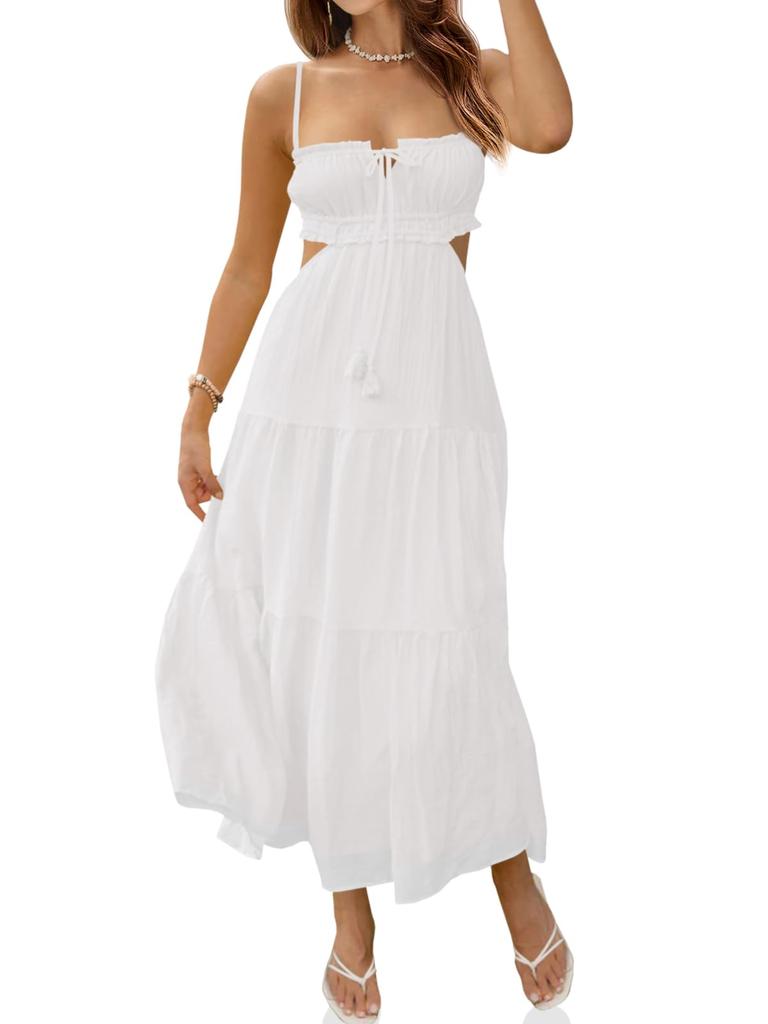Abito Lungo Estivo Boho da Donna con Spalline Sottili, Taglio Laterale, Schiena Scoperta