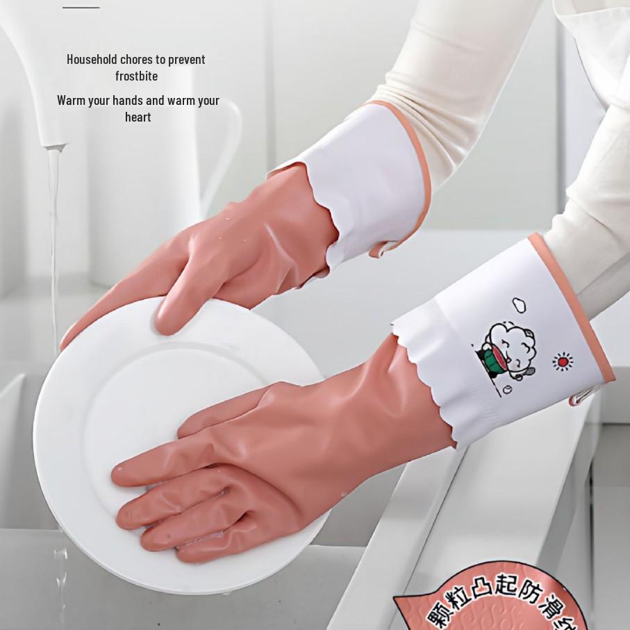 Winter Waterproof Rubber Dishwashing Gloves with Velvet Lining for Durable Household Use - Unisex Thickened Design for Kitchen and Laundry Tasks.
