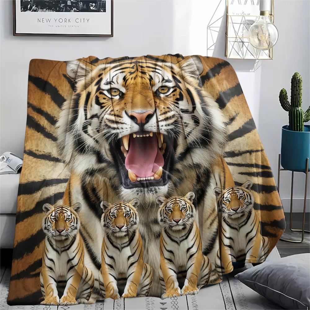 1Pc Tiger Lion Print Flannel Blanket, High Quality Comfortable for All Seasons, Home Decor, Warmth and Comfort, Perfect for Gifts