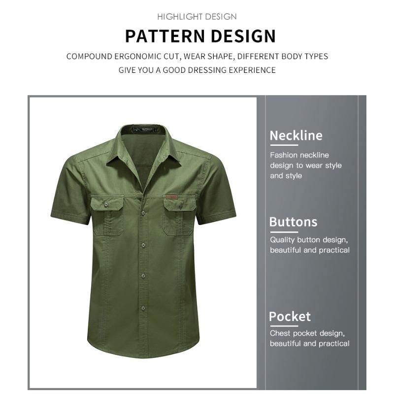 Mens Solid Color Turn Down Collar Double Pocket Short Sleeve Casual Work Shirt