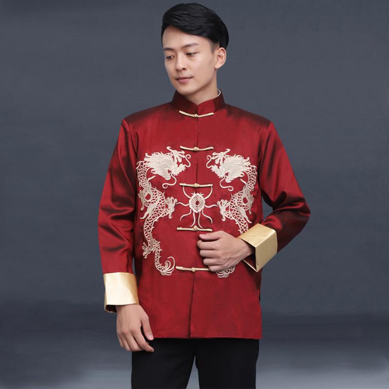 Chinese Traditional Men Tang Suit Shirt Stand Collar Long Sleeve Dragon Print Shirt Pockets Design Tai Chi Tops