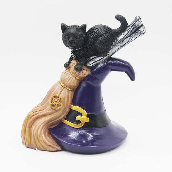 Halloween Black Cat Decoration Evil Black Cat on Magic Broom Resin Cat Statue with Hat Tabletop Ornament for Indoor Home Desktop Decor