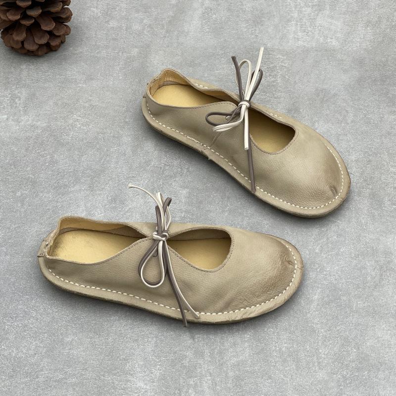 Johnature Handmade Genuine Leather Flat Slippers Round Toe Retro Soft Soled Women's Outdoor Slip-on Shoes