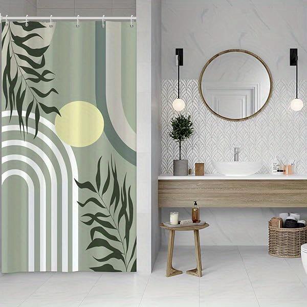 1Pc Mid-Century Modern Bohemian Style Green Leaves And Abstract Geometric Shower Curtain, Polyester Fabric Suitable For Bathroom