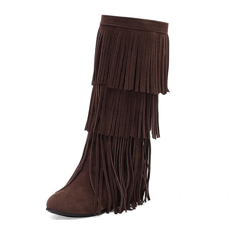 Plus Size Frosted Suede Material Three Sections Of Tassels Fine Stripes Flat Bottomed Sloping Heels Retro Midsole Boots
