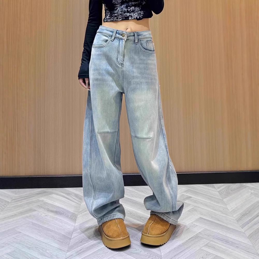 

Douyin Premium 65% Cotton High-Waisted Wide-Leg Jeans for Women - Spring/Autumn 2025 2X Large светло-синий