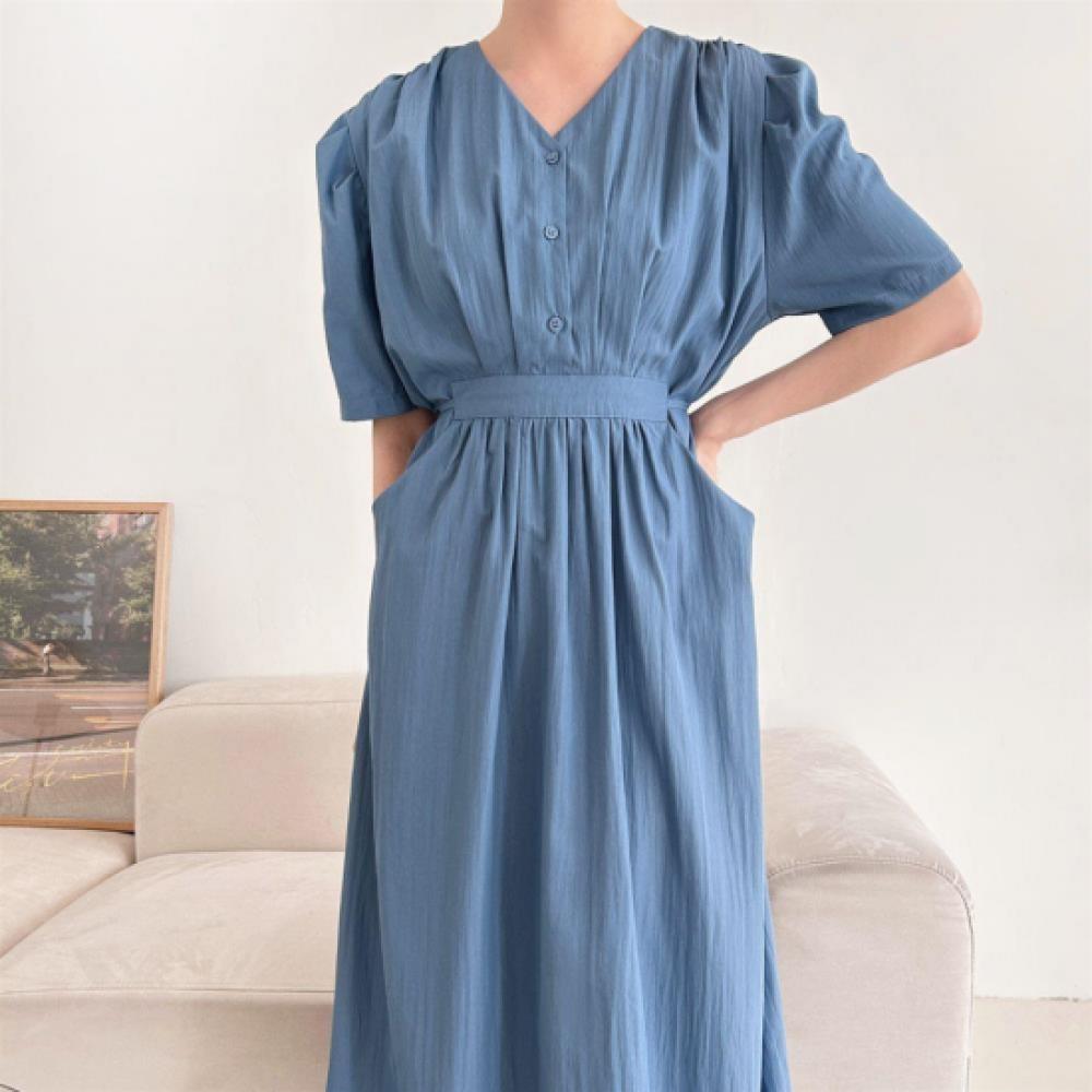 New ArriVals Open Run Women V Neck Button Blue Large Strap Summer Long Dress