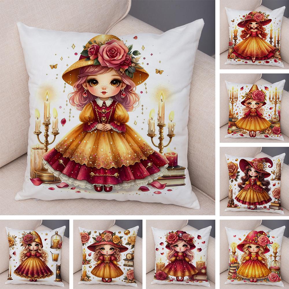 Rose Candle Witch Girl Cushion Cover Decor Cute Cartoon Children Pillowcase for Sofa Home Car Soft Plush Pillow Case xcm