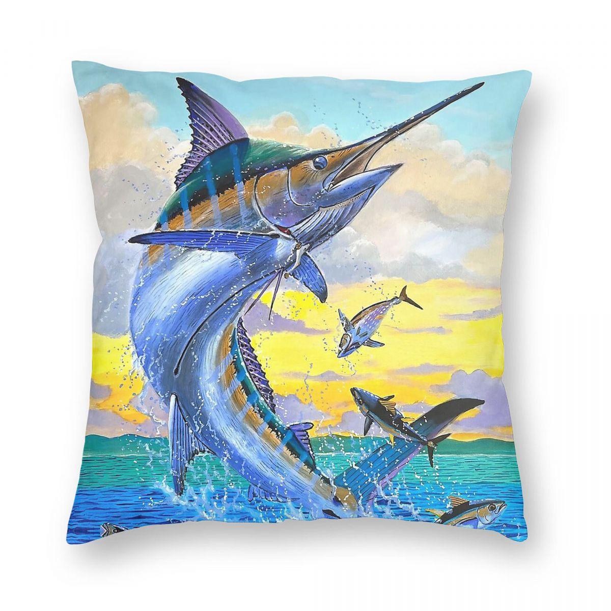 Blue Marlin Busting Tunas Pillowcase Polyester Linen Velvet Creative Zip Decor Throw Pillow Case Home Cushion Cover 30x30cm