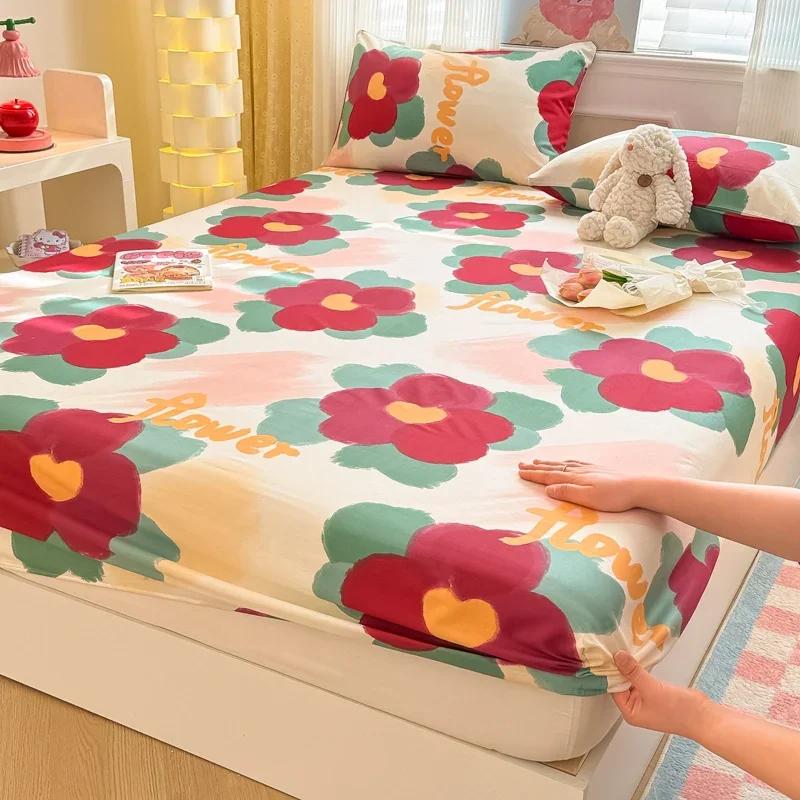 1 Pc 100%Cotton Bed Sheet Cartoon Fish Printed Fitted Sheet with Elastic Band Single/Queen/King Pure Cotton Bed Botton Sheets