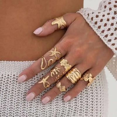 Salircon 9Pcs/Set Bohemia Starfish Scallop Opening Ring Women Punk Gold Color Adjustable Finger Ring Vacation Beach Jewelry Gift