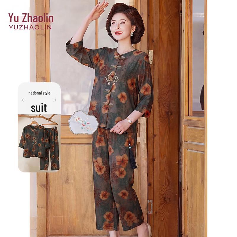 Elderly Women s Floral Summer T-Shirt Two-Piece Set 4XL