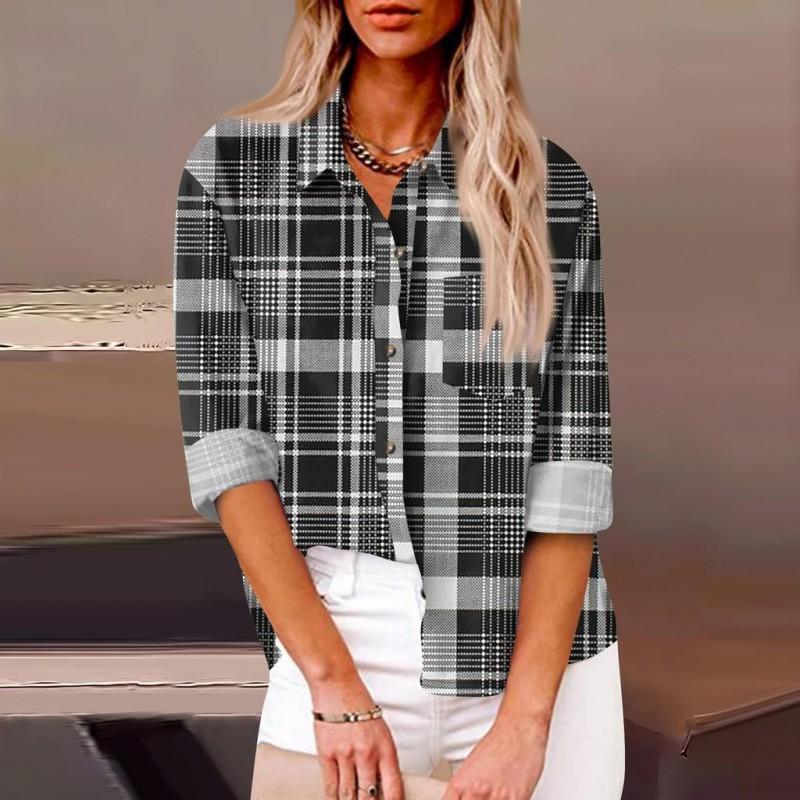 Womens Relaxed Fit Long Sleeve Shirt With 3D Digital Print Plaid Casual Cotton Linen Blouse