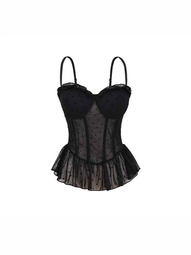 Korean Elegant Polka Dot Ruffle Camisole, Slim Fit with Chest Pads, Waist-Cinched, Flattering Lace Top for Women
