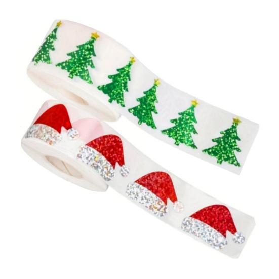 2 Rolls Christmas Hat Stickers 1000 Pcs Glitter Red Santa Hat Stickers Waterproof Self-Adhesive Seal Decals