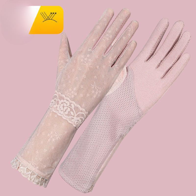 Sun Protection Gloves for Women In Summer Outdoor Driving and Riding Anti UV Touch Screen Anti Slip Medium Length Thin Lace Gloves