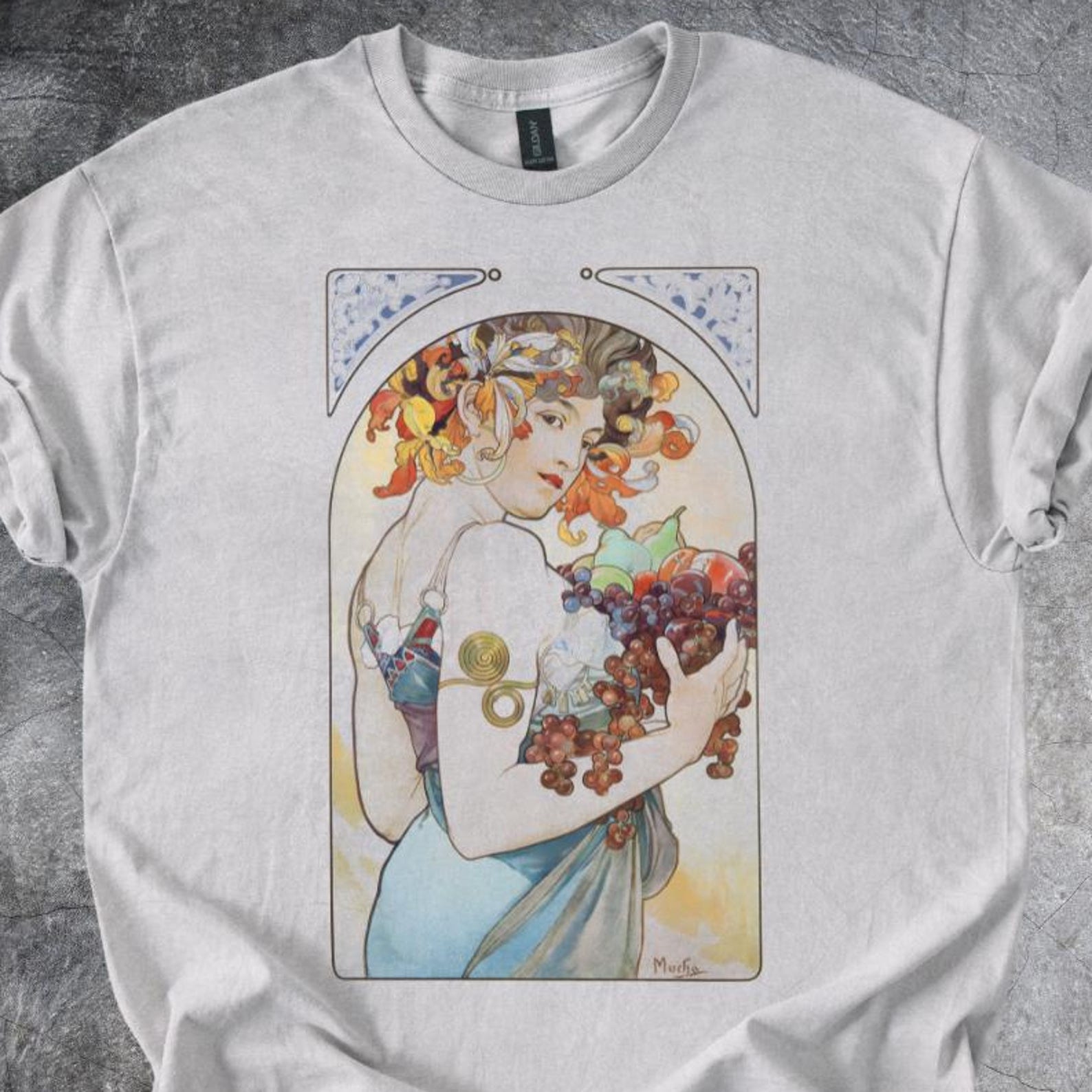 Art Nouveau Mucha Shirt Fruit Lady Illustration Classic Graphic Tshirt Cotton Style Tee Short Sleeve Gray 140