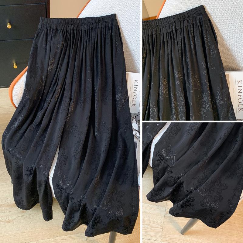 High-End Black Tencel Jacquard Wide-Leg Skirt Pants - Stylish & Versatile for Spring/Summer