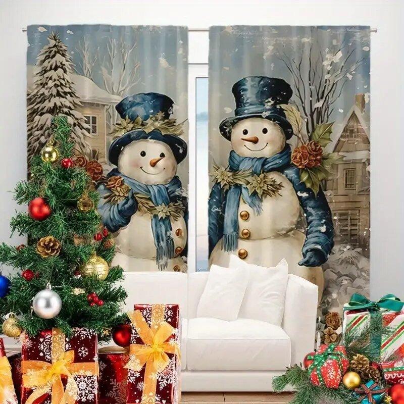 2pcs- Christmas-themed Snowman Pattern Printed Curtains, Christmas Decorations, Home Room Decorations