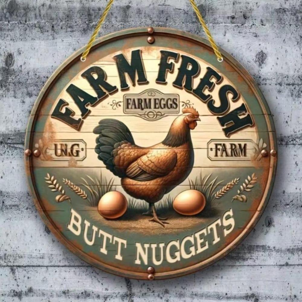 Vintage Metal Tin Sign Farmhouse Chicken Coop Decor Round Wall Art