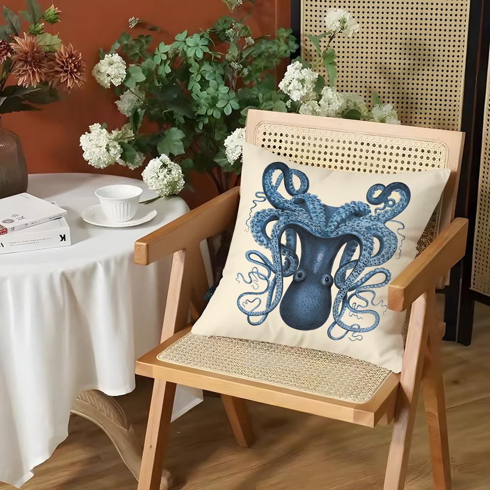 B-Blue Sea Creature Pillow Case Living Room Sofa Decorative Cushion Cover Simple Household Light Luxury Printed Pillow