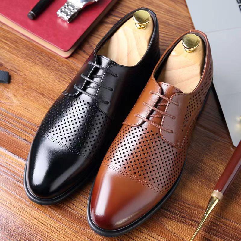 Leather shoes men's summer hollow men's British business leather shoes casual shoes round head strap leather shoes
