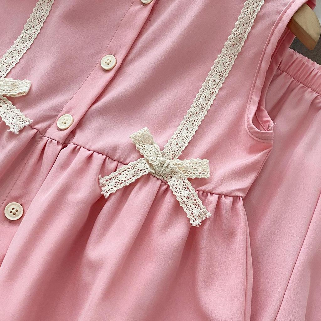 Pink Lace Bow Tank Top & Wide-Leg Pants Summer Set