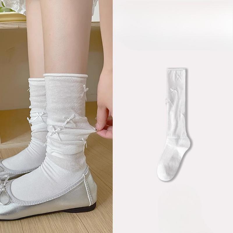 Female Spring and Autumn Sweet Bow Mesh Stitching Show Skinny Leg Pile Socks