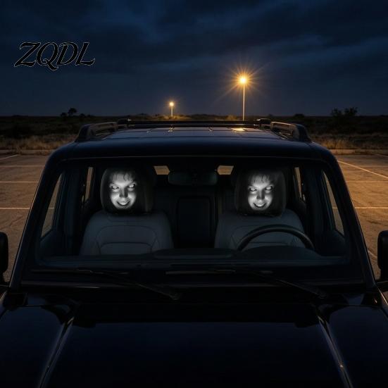 Eerie Car Interior Styling Realistic Horror Headrest Covers, Double Sided Scary Passenger Decorative Sleeves Illusion Seat Protector, Universal