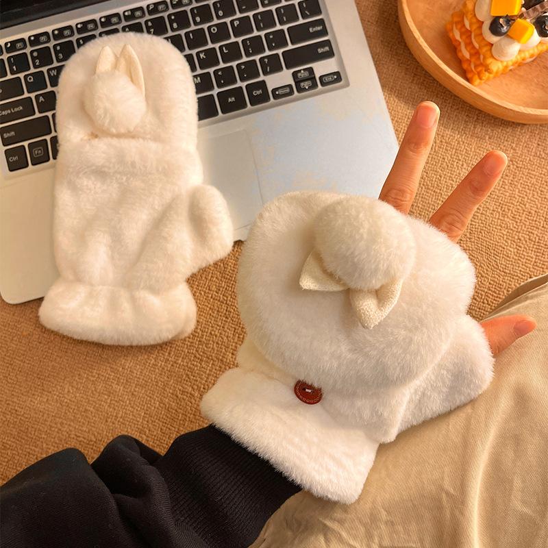 Cute Plush Rabbit Flip Open Finger Half Finger Plush Thickened Girl Cold